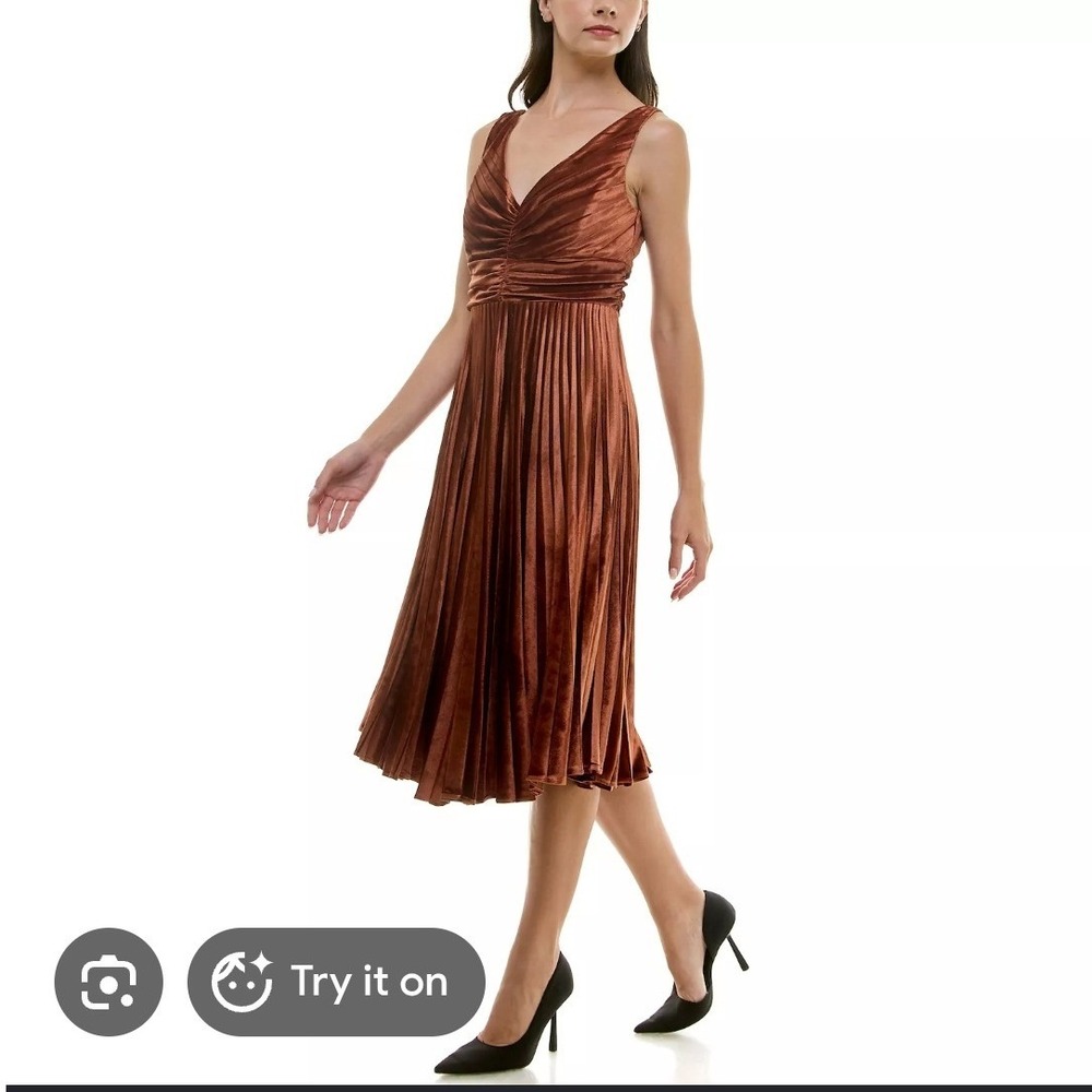 Maison Tara Women Rust Brown Pleated Lux Velvet V-Neck Ruched Midi Dress Sz 12